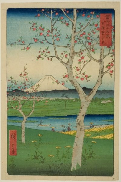 Předměstí Koshigaya v provincii Musashi (Musashi Koshigaya zai), ze série „Třicet šest pohledů na horu Fuji (Fuji sanjurokkei)“ od Utagawa Hiroshige