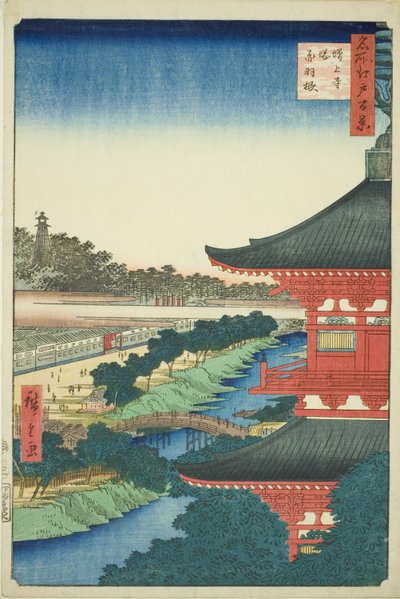 Pagoda v chrámu Zojo a Akabane (Zojoji to, Akabane), ze série „Sto slavných pohledů na Edo (Meisho Edo hyakkei)“ od Utagawa Hiroshige