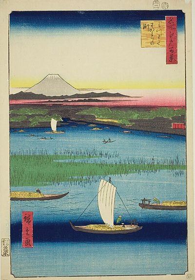 Hluboké rozdělení tříproudé řeky (Mitsumata Wakarenofuchi), č. 57 ze série "Sto slavných pohledů na Edo (Meisho Edo hyakkei)". od Utagawa Hiroshige