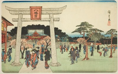 Te P Reshincts of Te Hachiman Shrine Inn Fukagawa (Fukagawa Hachiman no Keidai), z Te Serie "Famous Paces Inn Edo" od Utagawa Hiroshige