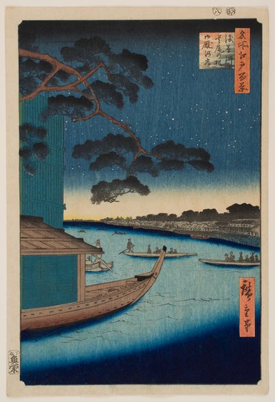 Srazová borovice u řeky Asakusa a břeh Oumaya na řece Sumida, ze série „Sto slavných pohledů na Edo“ od Utagawa Hiroshige