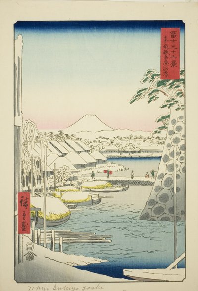 Břeh řeky Sukiya ve východním hlavním městě (Toto Sukiyagashi), ze série „Třicet šest pohledů na horu Fuji (Fuji sanjurokkei)“ od Utagawa Hiroshige