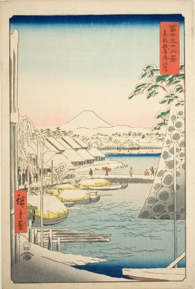 Břeh řeky Sukiya ve východním hlavním městě (Toto Sukiyagashi), ze série „Třicet šest pohledů na horu Fuji (Fuji sanjurokkei)“ od Utagawa Hiroshige