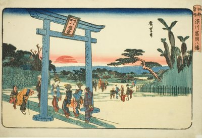 Svatyně Te Tomigaoka Hachiman ve Fukagawa (Fukagawa Tomigaoka Hachiman), z televizního seriálu "Famous Paces Inn Edo" od Utagawa Hiroshige