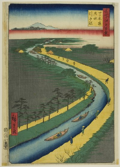 Vlečné lodě podél kanálu Yotsugidori (Yotsugidori yosui hikifune), ze série "Sto slavných pohledů na Edo (Meisho Edo hyakkei)". od Utagawa Hiroshige
