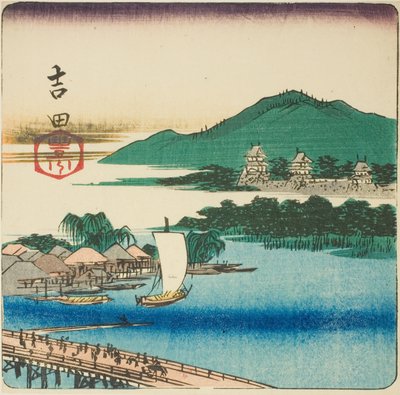 Řeka Toyo v Yoshida (Yoshida, Toyokawa), část listu ze série "Vystřihovánky z padesáti tří stanic (Gojusan tsugi harimaze)" od Utagawa Hiroshige