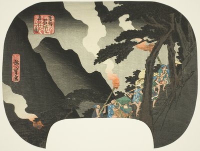 Noční cestování v horách Hakone na hranici provincií Izu a Sagami (Zuso Hakone-yama yako no zu), ze série „Slavná místa v různých provinciích (Shokoku meisho)“ od Utagawa Hiroshige