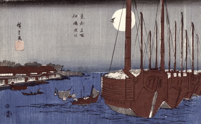 Ostrov Tsukudajima a čtvrť Fukagawa za úplňku, ze série 