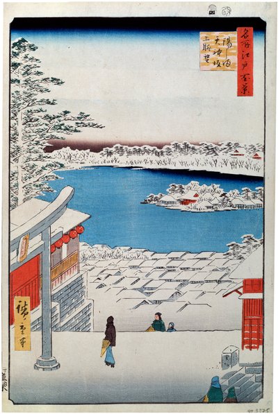 Pohled z vrcholu svahu na svatyni Tenjin v Yushimě, 1856-1858. od Utagawa Hiroshige