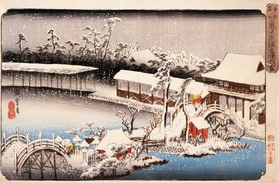 Pohled na svatyni Kameido Tenmangū ve sněhu od Utagawa Hiroshige