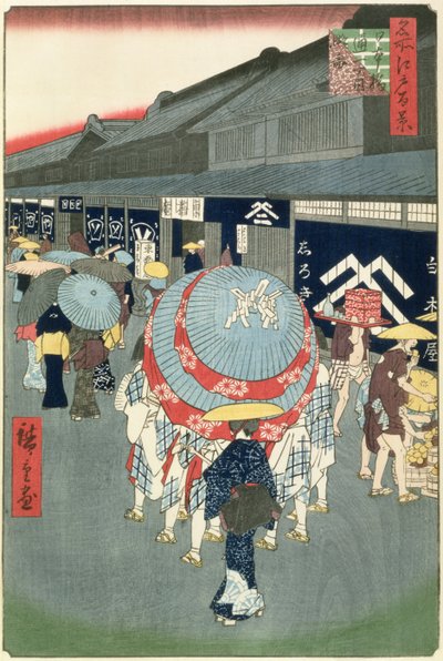 Pohled na Nihonbashi Tori-itchome (Nihonbashi Tori-itchome Ryakuzu), deska 44 z One Hundred Views of Edo (barevný tisk dřevěných bloků) od Utagawa Hiroshige