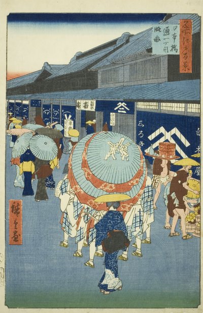 pohled na f Nihonbashi Tori t chome (náčrtek Nihonbashi tori t chome), ze série „Ridge dre d fa s views of Edo (Sto slavných pohledů na Edo)“ od Utagawa Hiroshige