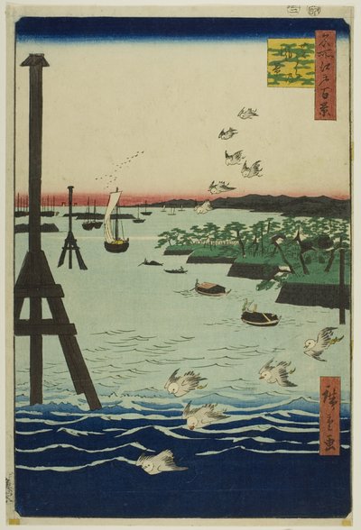 Pohled na zátoku Shiba (Shibaura no fukei) ze série "Sto slavných pohledů na Edo (Meisho Edo hyakkei)". od Utagawa Hiroshige