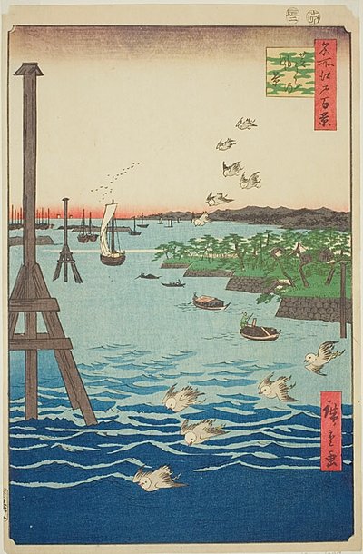 Pohled na pobřeží Shiba (Shibaura no kei), se světle a tmavě modrou vodou, č. 108 ze série Sto slavných pohledů na Edo (Meisho Edo hyakkei) od Utagawa Hiroshige