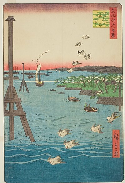 Pohled na pobřeží Shiba (Shibaura no kei), s odstíny světle modré vody, č. 108 ze série Sto slavných pohledů na Edo (Meisho Edo hyakkei) od Utagawa Hiroshige