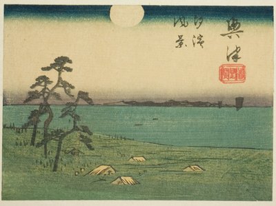 Pohled na Shiohamu a Kiyomigaseki v Okitsu (Okitsu, Kiyomigaseki, Shiohama fukei), výřez listu č. 4 ze série "Vystřižené obrázky Tokaidské cesty (Tokaido harimaze zue)" od Utagawa Hiroshige