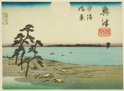 Pohled na Shiohamu a Kiyomigaseki v Okitsu (Okitsu, Kiyomigaseki, Shiohama fukei), výřez listu č. 4 ze série "Vystřižené obrázky Tokaidské cesty (Tokaido harimaze zue)" od Utagawa Hiroshige