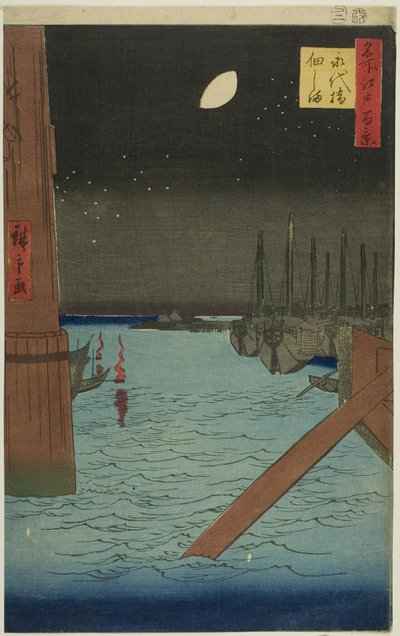 Pohled na ostrov Tsukuda z mostu Eitai (Eitaibaši Tsukudadžima), ze série "Sto slavných pohledů na Edo (Meisho Edo hyakkei)". od Utagawa Hiroshige