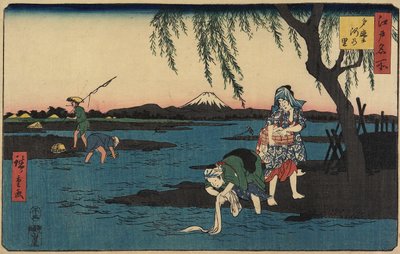 Vesnice u řeky Tamagawa, březen 1858 od Utagawa Hiroshige
