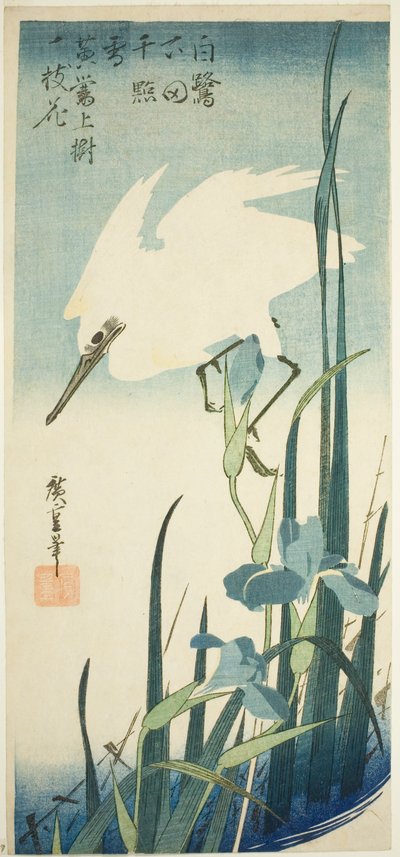 Bílá volavka a kosatec od Utagawa Hiroshige