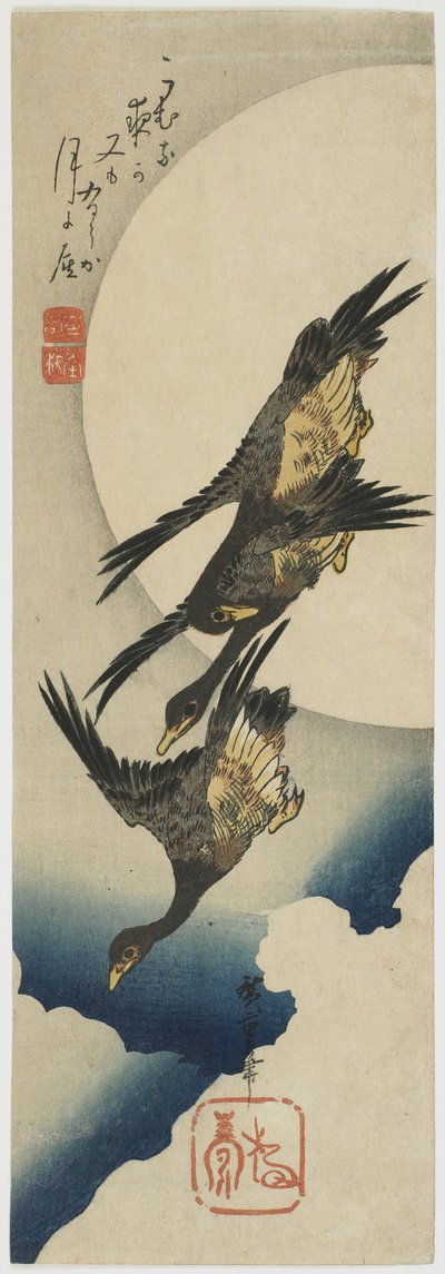 Divoké husy přes Měsíc, 1834-39 (barevný dřevořez) od Utagawa Hiroshige
