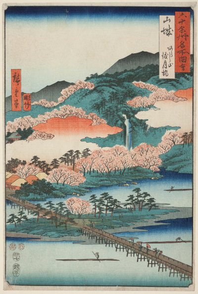 Provincie Jamaširo: Most Togetsu v hoře Arašimu (Jamaširo, Arašijama Togetsukjó), ze série "Slavná místa v šedesáti provinciích (Rokujuyoshu meisho zue)". od Utagawa Hiroshige