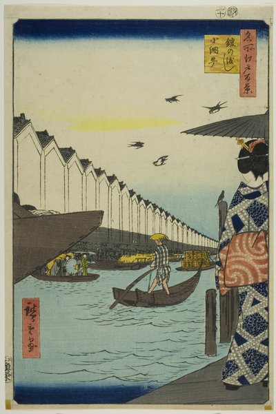 Přívoz Yoroi, Koami-cho (Yoroi no watashi Koami-cho), ze série "Sto slavných pohledů na Edo (Meisho Edo hyakkei)". od Utagawa Hiroshige