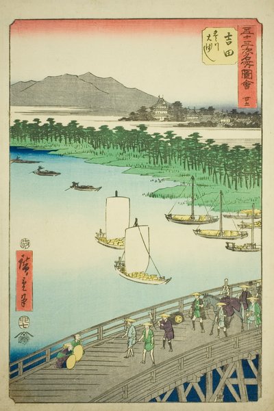 Yoshida: Great Bridge on the Toyo River (Yoshida, Toyokawa ohashi), no. 35 ze série „Slavné památky padesáti tří stanic (Gojusan tsugi meisho zue)“, známé také jako Vertikální Tokaidó od Utagawa Hiroshige