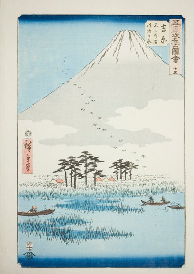 Yoshiwara: Fuji Marsh a Ukishima Plain (Yoshiwara, Fuji no numa ukishima ga hara), č. 15 ze série „Slavné památky padesáti tří stanic (Gojusan tsugi meisho zue), známé také jako Vertical Tokaido od Utagawa Hiroshige