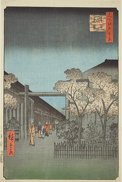Licencované čtvrti Yoshiwara za úsvitu (Kakuchu shinonome), č. 38 ze série "Sto slavných pohledů na Edo (Meisho Edo hyakkei)" od Utagawa Hiroshige