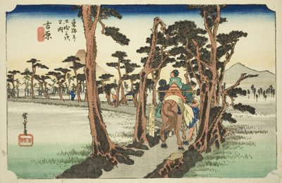 Yoshiwara: Mount Fuji on Left (Yoshiwara, hidari Fuji), ze série „Padesát tři stanic tokaidské silnice (Tokaido gojusan tsugi no uchi), také známé jako Hoeido Tokaido od Utagawa Hiroshige