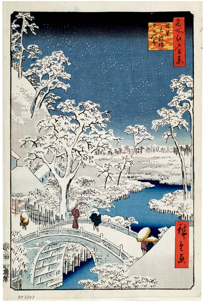 Yuhi Hill a Drum Bridge v Meguro Sto slavných pohledů na Edo, 1856-1858. od Utagawa Hiroshige