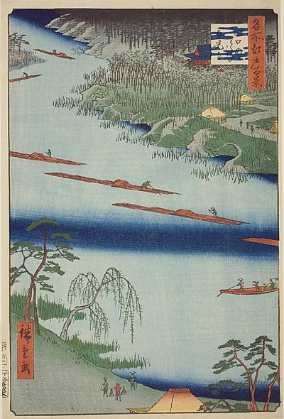 Chrám Zenkoji a přívoz v Kawaguči (Kawaguchi no watashi Zenkoji) s tmavě modrým pruhem, č. 20 ze série "Sto slavných pohledů na Edo (Meisho Edo hyakkei)". od Utagawa Hiroshige