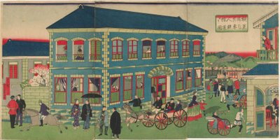 Obrázek parního vlaku ze zahraničních zařízení v Jokohamě, éra Meidži od Utagawa Hiroshige III