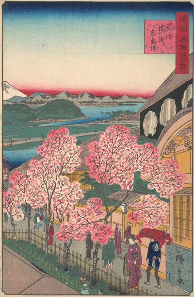 Vchod do čajovny Gankiro v okrese Miyozaki, Yokohama, Bushu, 3. měsíc, 1859. od Utagawa Hiroshige II