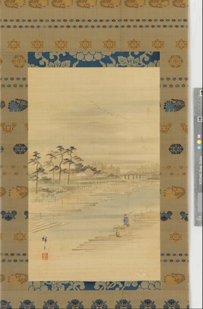 Říční krajina: sklady dřeva a vory, polovina 19. století. od Utagawa Hiroshige II