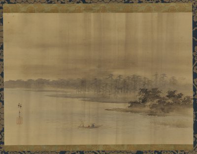 Říční krajina a chrám v dešti, období Edo, 19. století. od Utagawa Hiroshige II