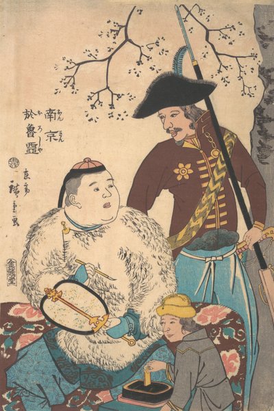 Rusové a Číňané píšící vějíře, 12. měsíc, 1860. od Utagawa Hiroshige II
