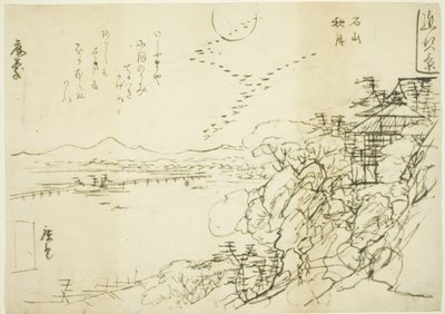 Skica pro podzimní měsíc v chrámu Ishiyama (Ishiyama no shugetsu), ze série „Osm pohledů v provincii Omi (Omi hakkei)“ od Utagawa Hiroshige II