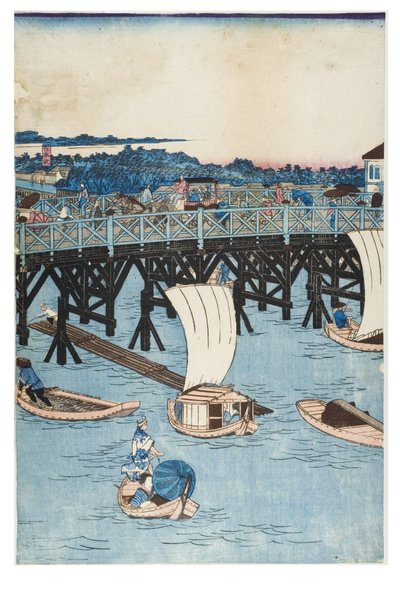 Slavná místa v Tokiu, skutečný pohled na most Rjogoku od Utagawa II Hiroshige