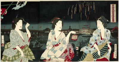 Užívejte si večerního vánku během ohňostroje v Rjogoku Ryogoku hanabi yusuzumi no kei (název na objektu) od Utagawa Kunichika
