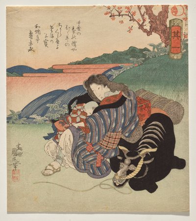 Žena a chlapec odpočívající u vola od Utagawa Kunimaru