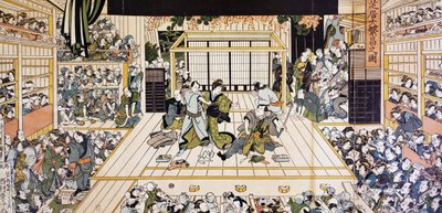 Divadelní představení Kabuki v Edo, umělecký tisk ukiyo-e od Utagawy Kunimaru (1794-1829), dřevoryt, japonská civilizace, období Edo od Utagawa Kunimaru