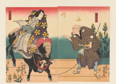 Farmář doprovází dvořana na černém volovi od Utagawa Kunisada (I)