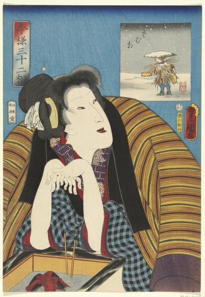 Vrouw, de handen warmend bij een hibachi 32 moderne types (series title) Imayo sanjuniso (series title on object)   1340781   cs       czech Successfully Translated  Original: Six Cows at a Watering Place Translat: Six Cows at a Watering Place 1300973 cs c od Utagawa Kunisada (I)