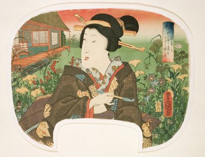 Podzim, Hanayashiki: Gejša s dýmkou, design pro ventilátor ze sady čtyř ilustrujících roční období, 1858-60 (dřevotisk) od Utagawa Kunisada
