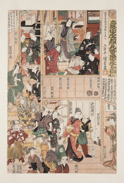 V zákulisí zahájení sezóny divadla Morita (Morita-za kaomise gakuya no zu, sanmai tsuzuki) (barevný dřevotisk) od Utagawa Kunisada