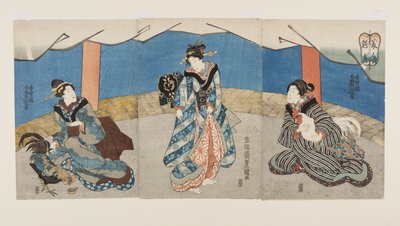 Krásky během kohoutího zápasu (Bijin Toriaiu) (barevný dřevořez) od Utagawa Kunisada