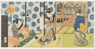 Furuichi v Ise: Tanec v restauraci Bizenya ze série „Slavné restaurace v provinciích“ od Utagawa Kunisada