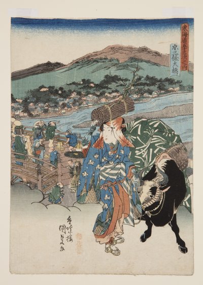 Kjóto: Velký most v Sanj? (Ky?, Sanj? ?hashi) (barevný dřevořez) od Utagawa Kunisada